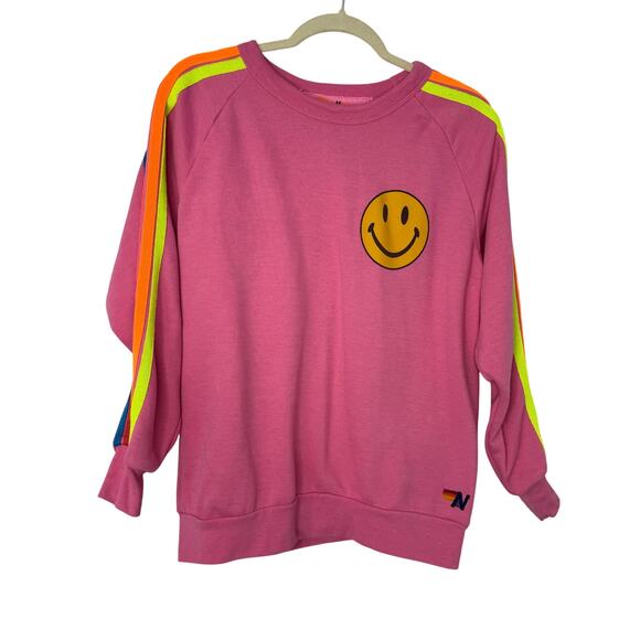 Aviator Nation Pink Smiley Face Rainbow Stripe Sweatshirt Medium Retro Y2K - Picture 1 of 8